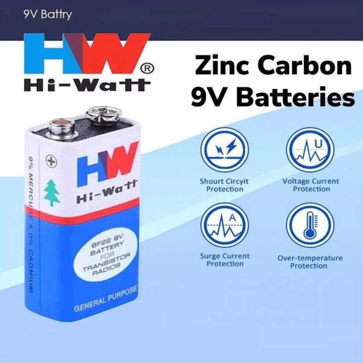 Batterie 9V Zinc-Carbone Hi-Watt avec Protections Multiples (Court-Circuit, Tension, Surtension, Température)