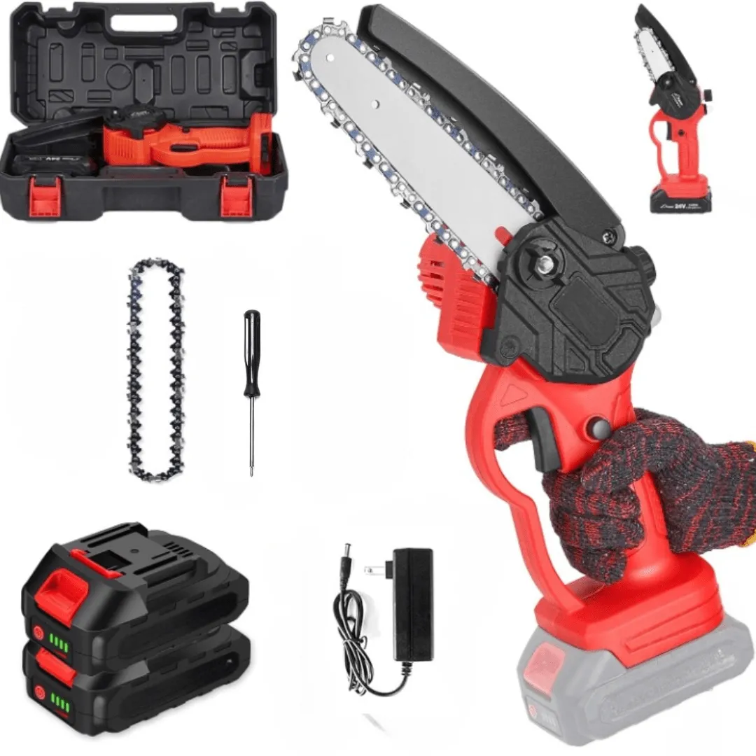 Scie électrique sans fil avec double batterie, parfaite pour la taille en extérieur et les travaux agricoles.