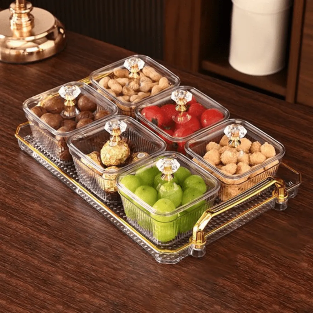 Set de 6 plats avec couvercles pour fruits secs et apéritifs, idéal pour la décoration de table.