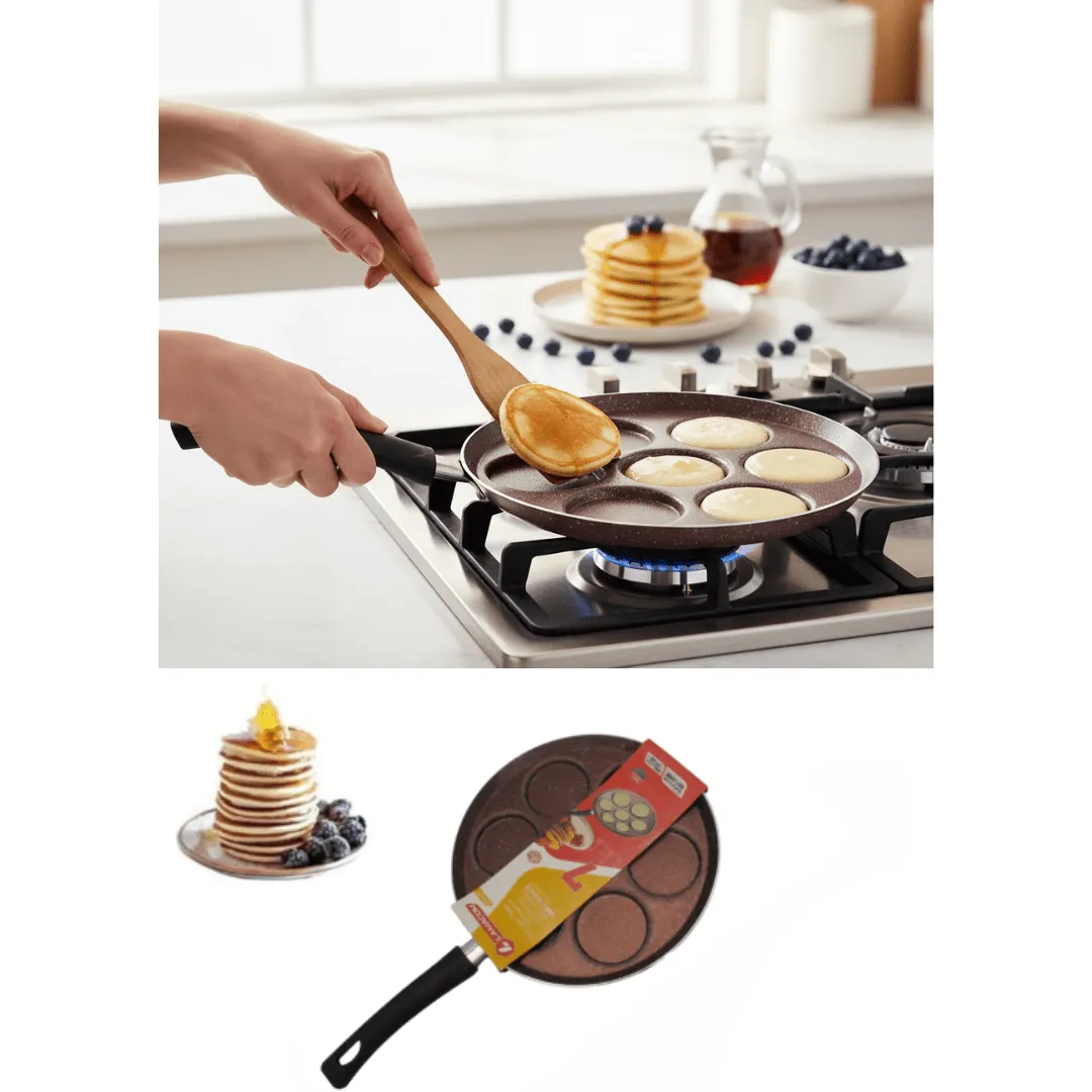 Poêle antiadhésive à 7 empreintes pour pancakes, crêpes et omelettes.