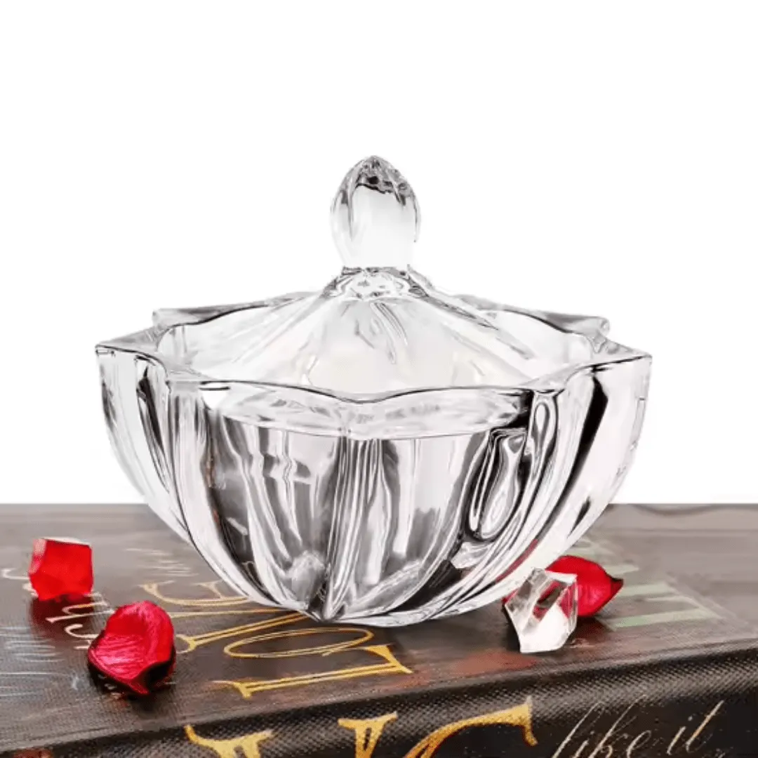Pot en verre transparent élégant avec couvercle, idéal pour les bonbons et les bijoux.
