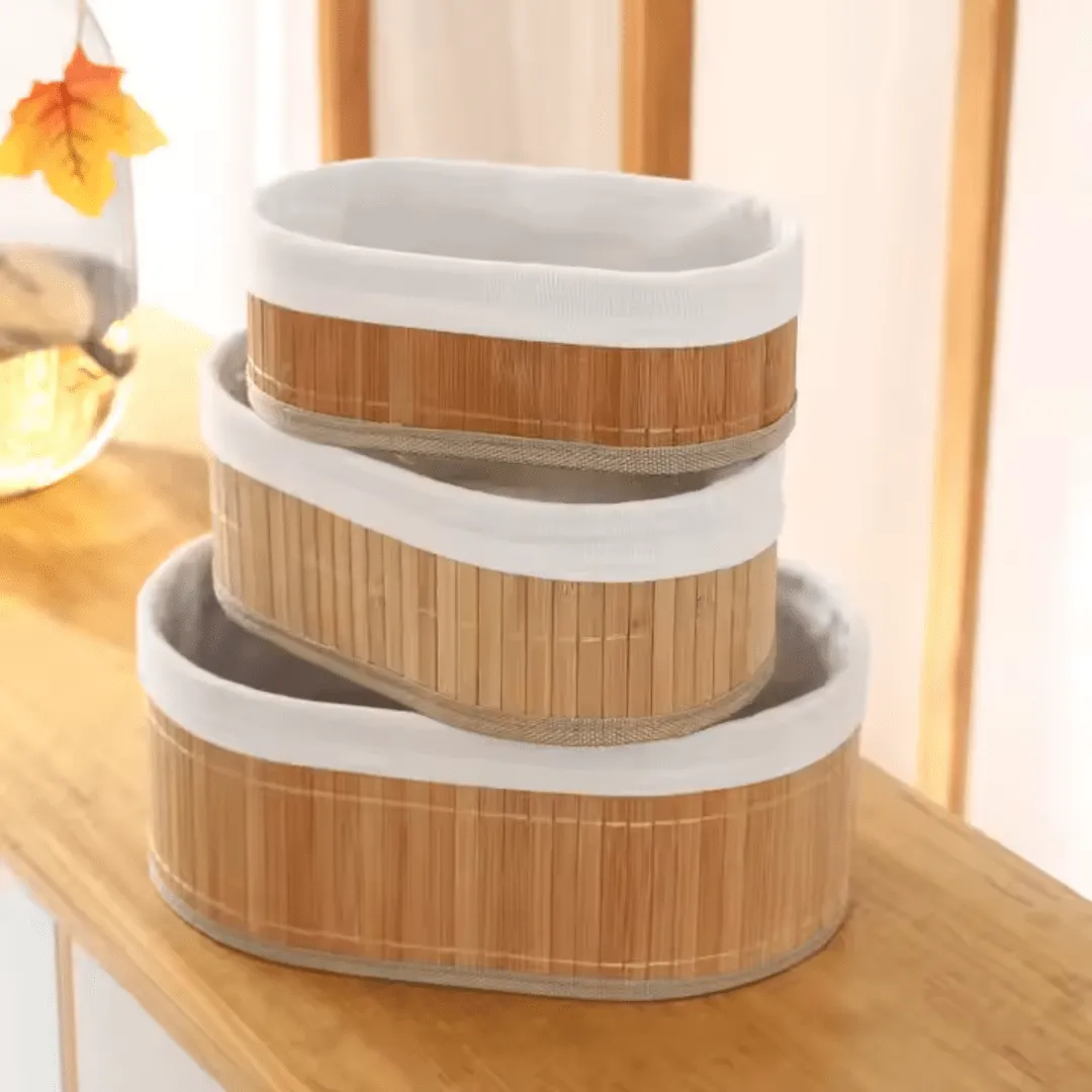 Set de 3 paniers en bambou naturel, idéal pour un rangement élégant et pratique dans votre intérieur.
