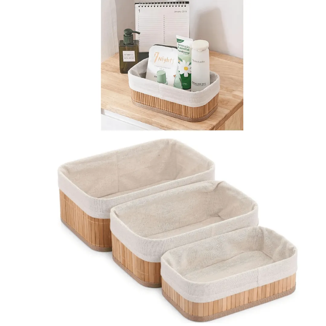 Set de 3 paniers en bambou naturel, parfaits pour organiser votre espace intérieur.