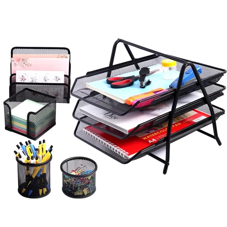 Ensemble de 5 Organisateurs de Bureau en Maille Métallique Porte-papier , porte-stylo, plateau à fichiers