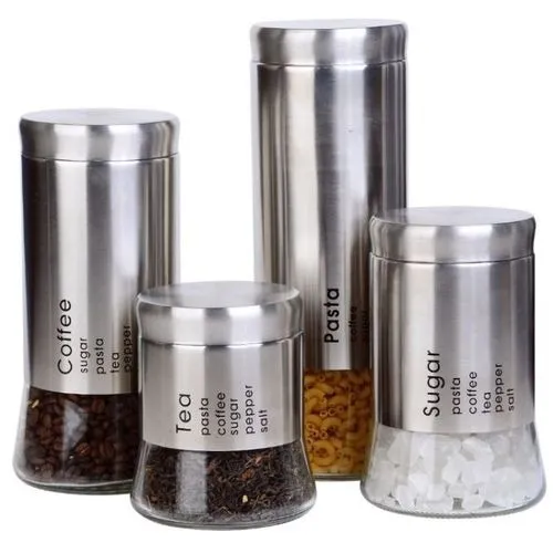 Set de 4 boîtes en verre avec couvercles en acier inoxydable pour café, sucre et thé