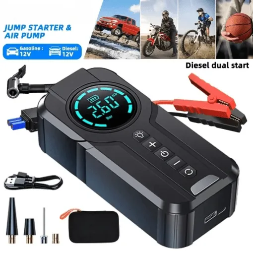 Démarreur de batterie portable et compresseur d'air multifonctionnel pour voiture,banque d'alimentation, éclairage