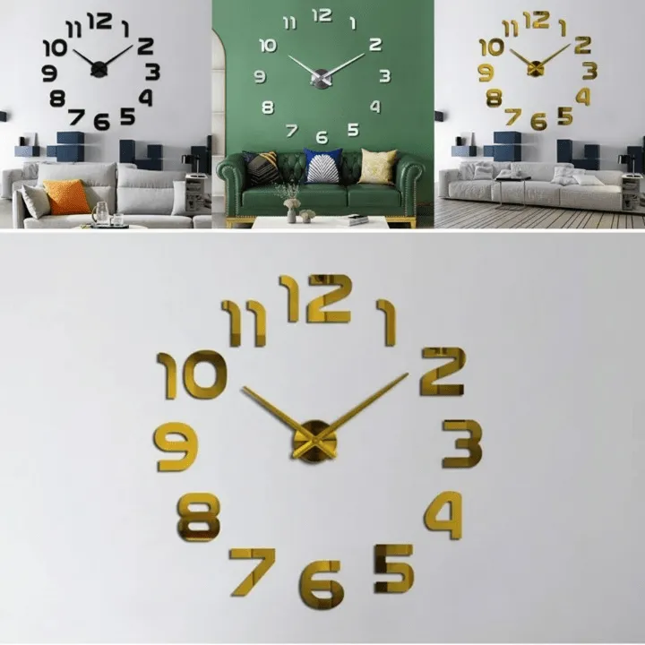 Grande horloge murale autocollante 3D – Design élégant (colleur aléatoire)