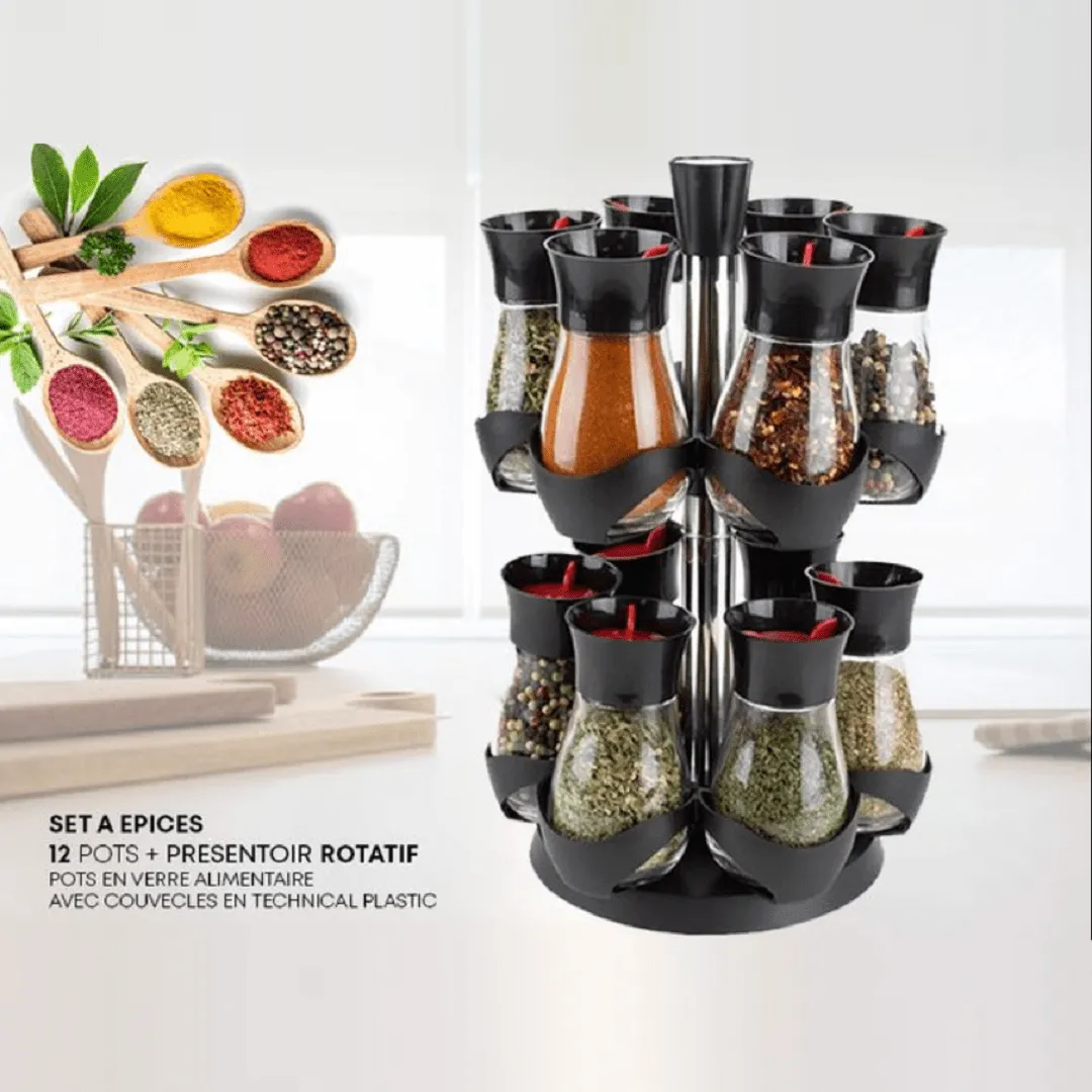 Ensemble de Pots à Épices 12 Pièces et 1 Support Rotatif