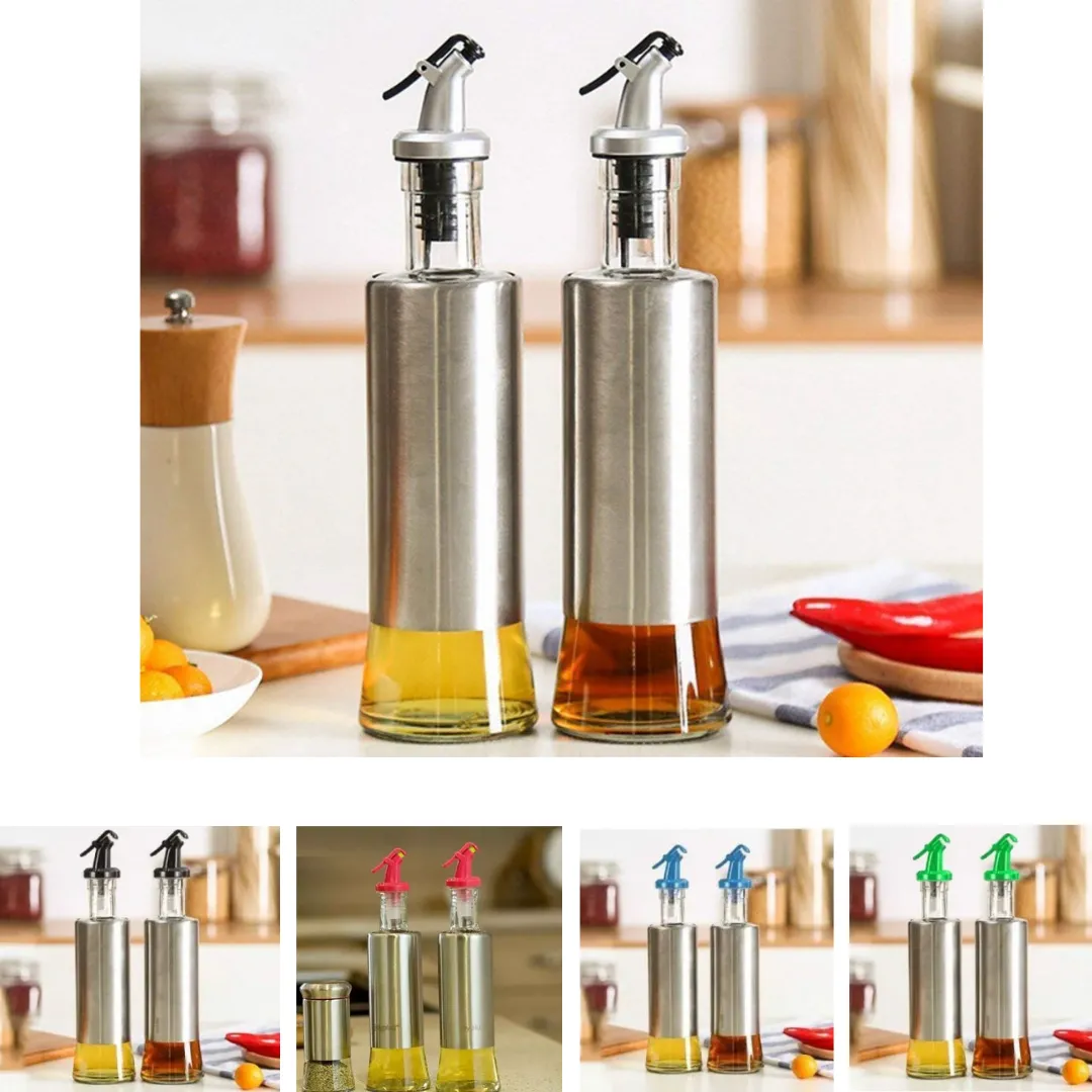 Distributeur d'Huile et de Vinaigre en Verre et Acier Inoxydable (colleur aléatoire)