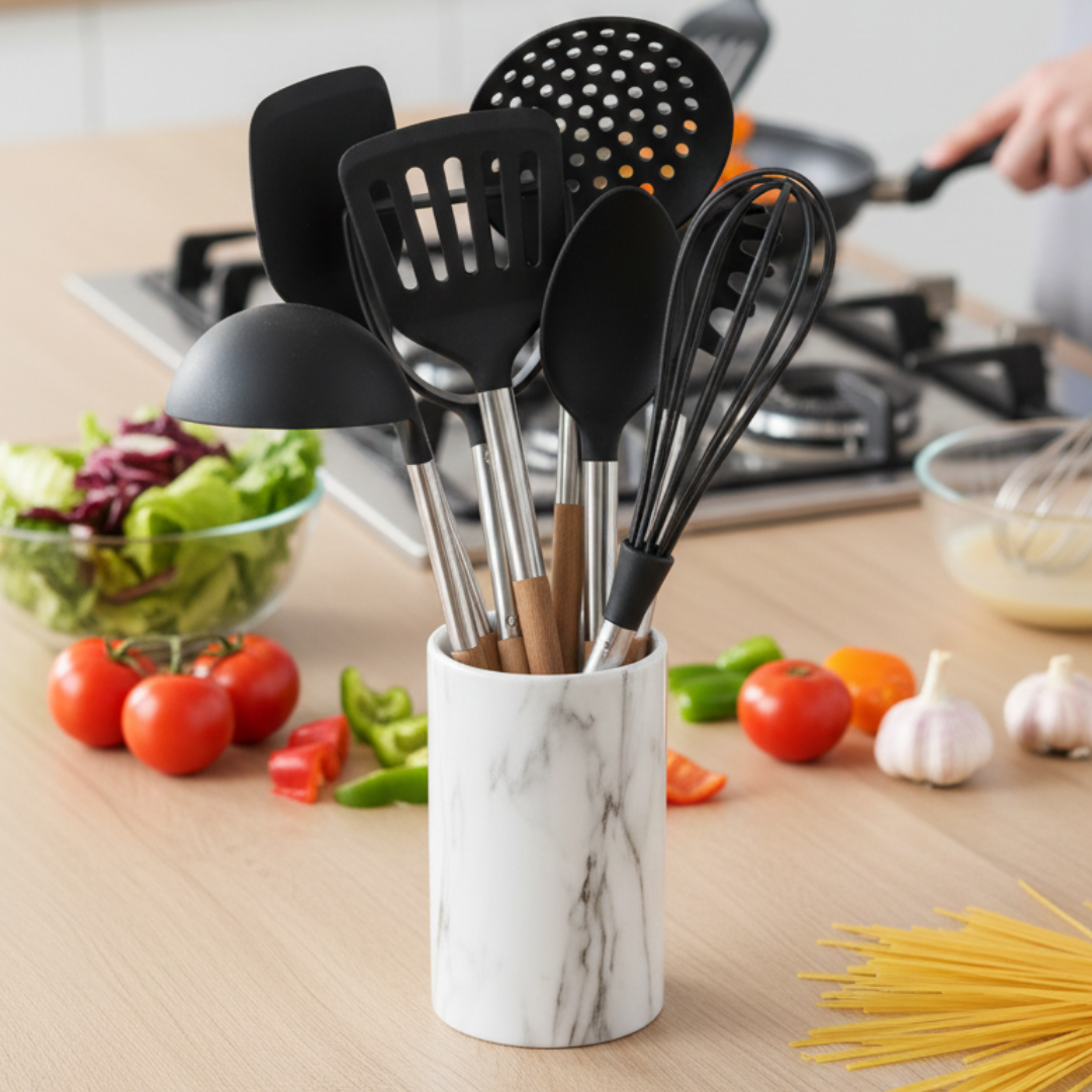 Ensemble de 7 ustensiles en silicone avec manche en bois, idéal pour cuisine quotidienne