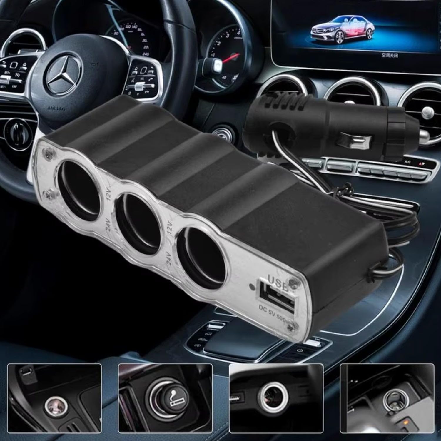 Répartiteur allume-cigare pour voiture avec 3 prises et port USB