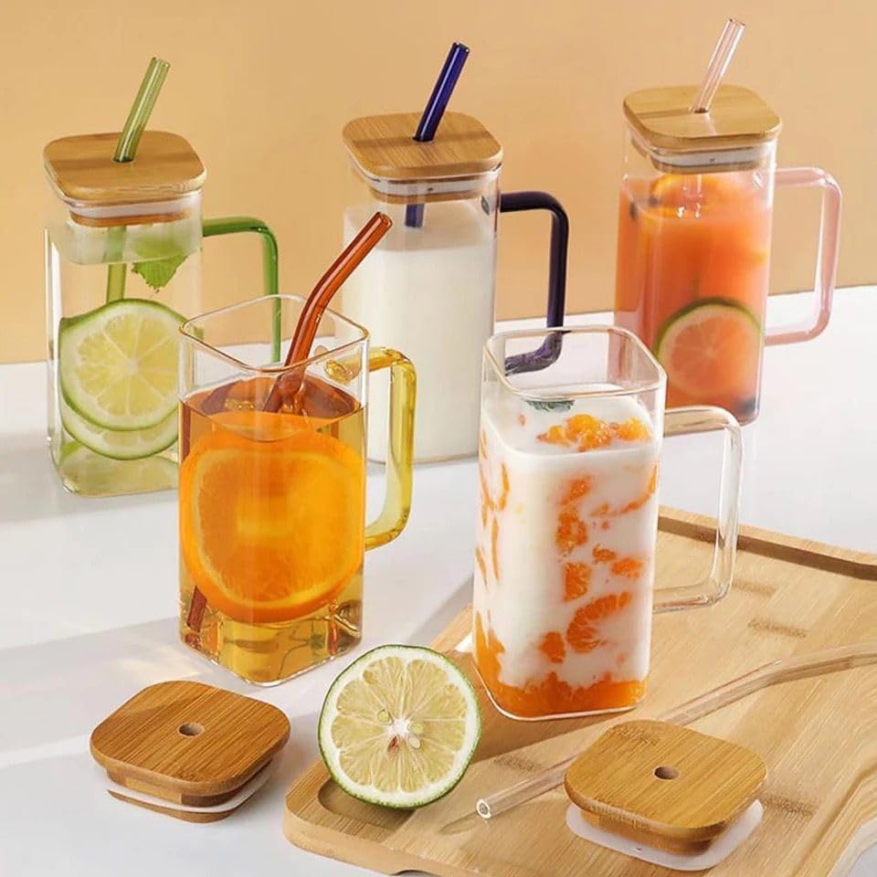 Tasse en verre avec poignée, couvercle et paille pour boissons chaudes et froides (colleur aléatoire)