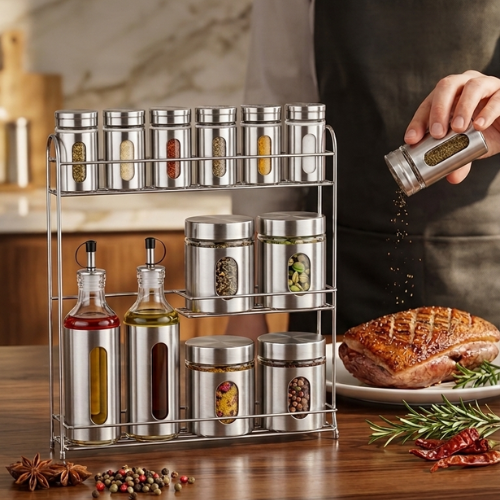 Ensemble 12 boîtes à épices avec support et distributeur d’huile en inox