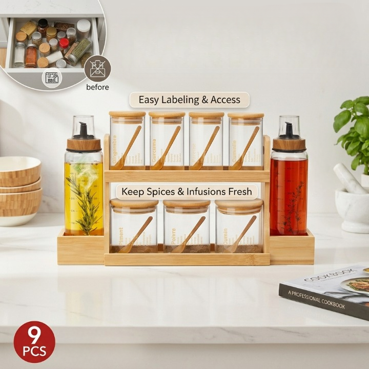 Ensemble de 9 pots à épices en verre avec support en bois