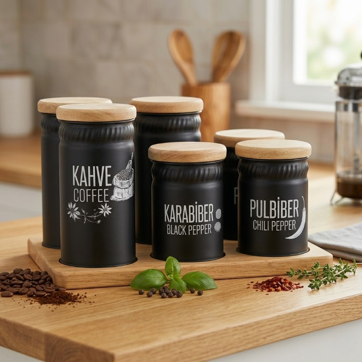 Ensemble de 6 bocaux en céramique avec support en bois pour thé, café et sucre