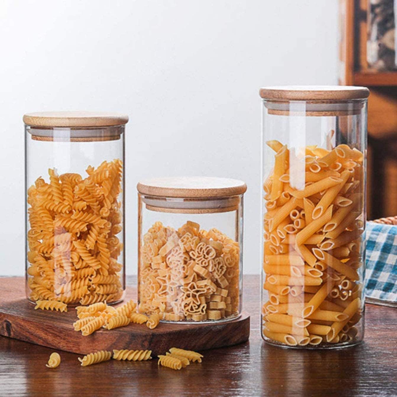 3 bocaux de conservation en verre avec couvercle hermétique en bambou, en borosilicate, pour bonbons, biscuits, riz, sucre, farine, pâtes, noix