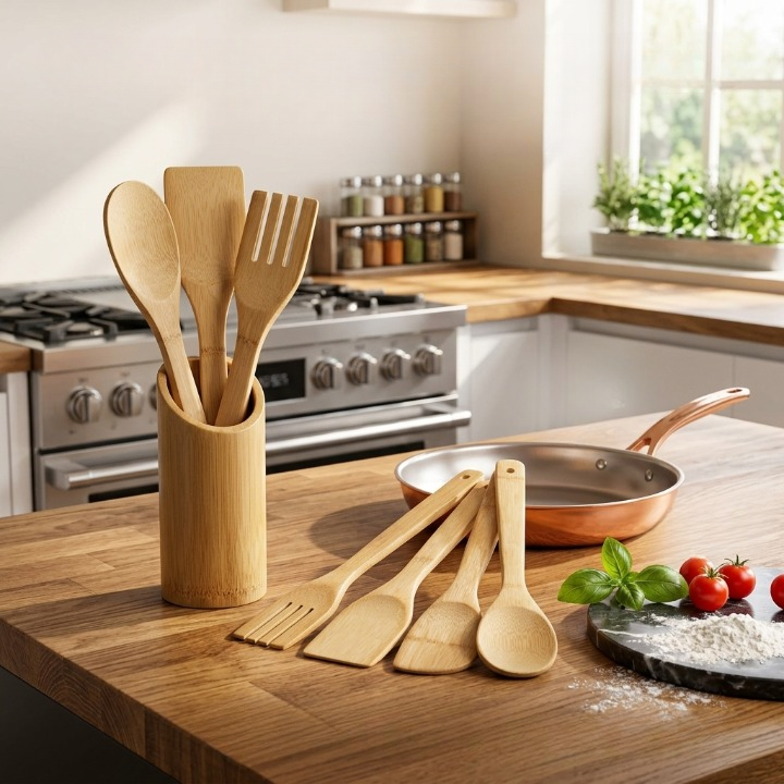 Ensemble de 4 Cuillères et Spatule de Cuisine en Bois Bambou