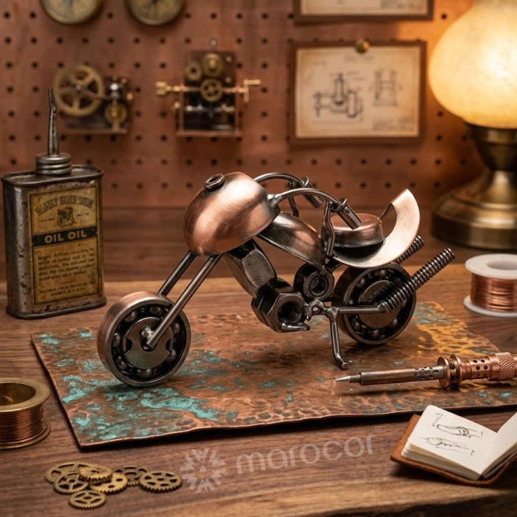 Moto Miniature Artisanale Industrielle – Sculpture de Bureau en Métal Recyclé et Cuivre Patiné