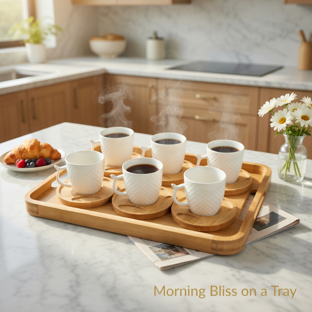 Ensemble de 6 tasses à café en verre avec 6 soucoupes et plateau en bois