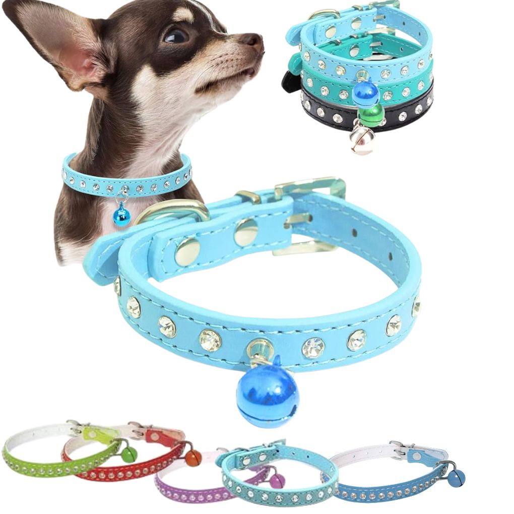 Collier pour petits chiens avec clochette et strass, style chihuahua, pour chiot ou chat.