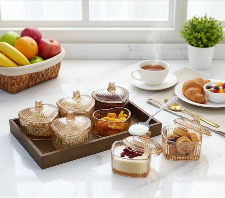 Lot de 6 bocaux en verre en forme de cœur avec plateau en bois, polyvalents pour bonbons, fruits secs et rangement de cuisine