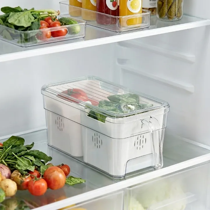 Boîte de stockage alimentaire avec couvercle transparent et double bac amovible avec poignée pratique