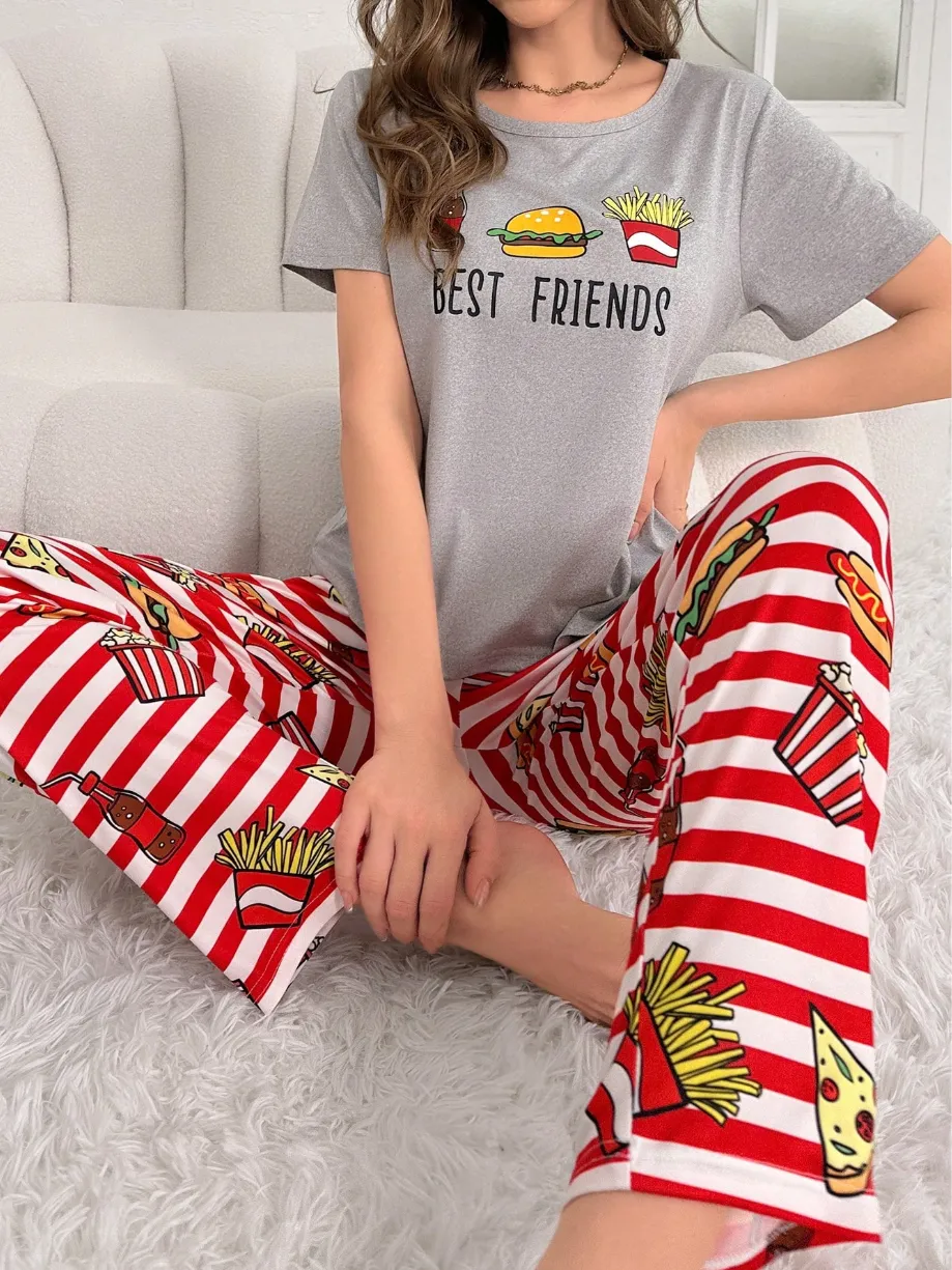طقم بيجامة "Best Friends Foodie" - تي شيرت باللون الرمادي المنقط وسروال مخطط بطبعات لذيذة (بيتزا، برجر، بطاطس مقلية) M/L