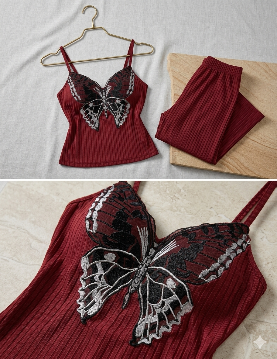 Ensemble de Lingerie Bordeaux Plissé avec Applique Papillon Brodée