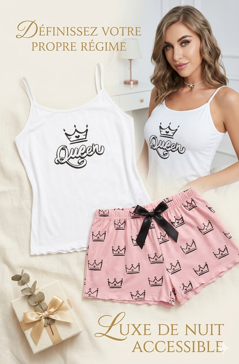 Ensemble Pyjama d'Été "Queen" – Débardeur Blanc & Short Rose à Motifs Couronnes M/L