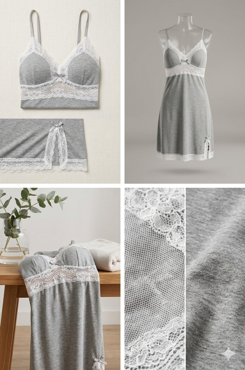Nuisette Romantique en Jersey Gris Chiné – Détails Dentelle Blanche et Fente Coquette