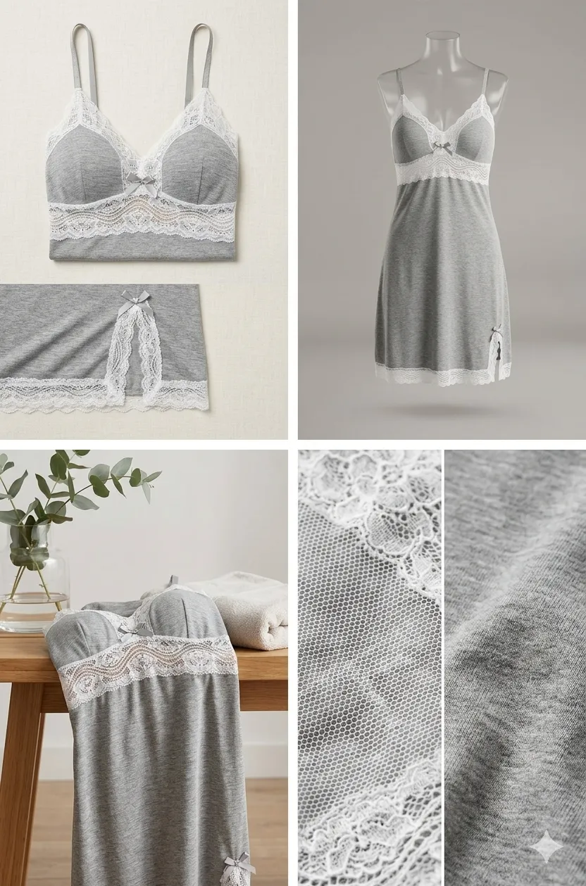 Nuisette Romantique en Jersey Gris Chiné – Détails Dentelle Blanche et Fente Coquette