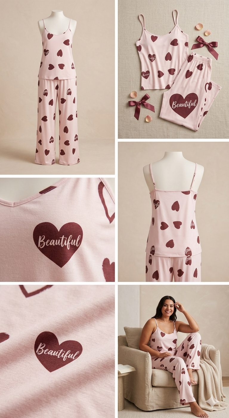 Ensemble Pyjama 2 Pièces Rose Poudré – Débardeur et Pantalon Fluide à Motifs Cœurs "Beautiful"