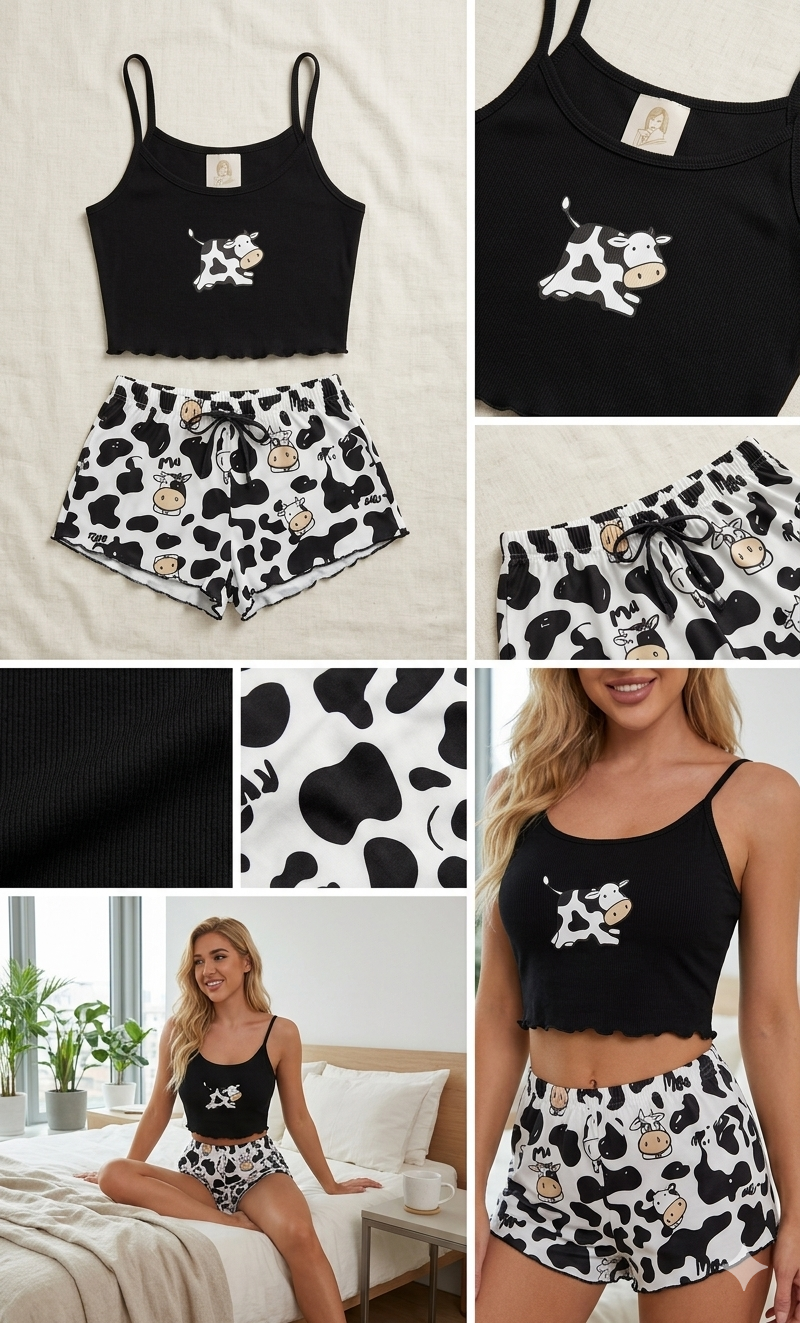 Ensemble Pyjama d'Été "Moo Moo" – Crop Top Côtelé Noir et Short à Motif Vache