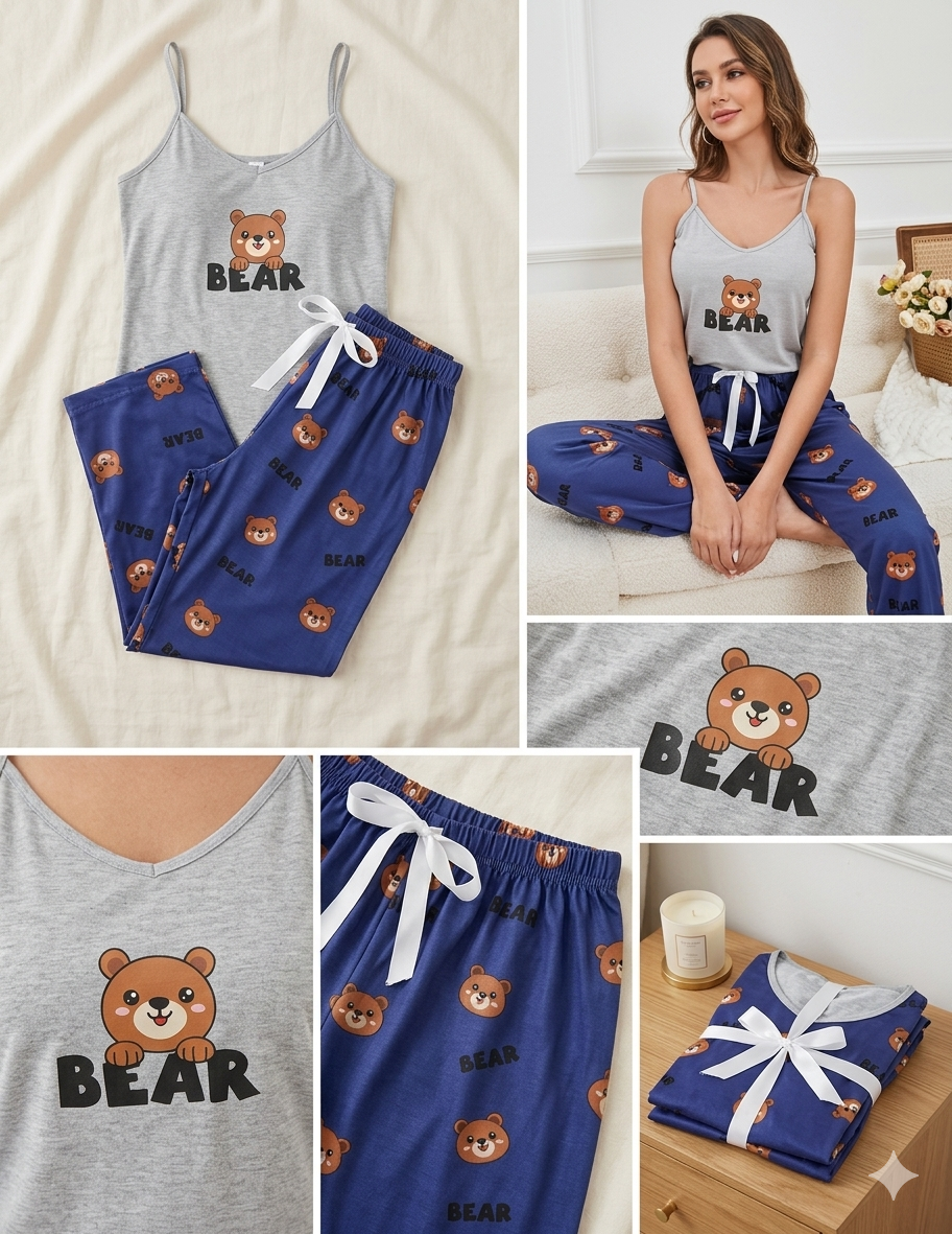 Ensemble Pyjama 2 Pièces "Sweet Bear" – Débardeur Gris et Pantalon Fluide Bleu Marine