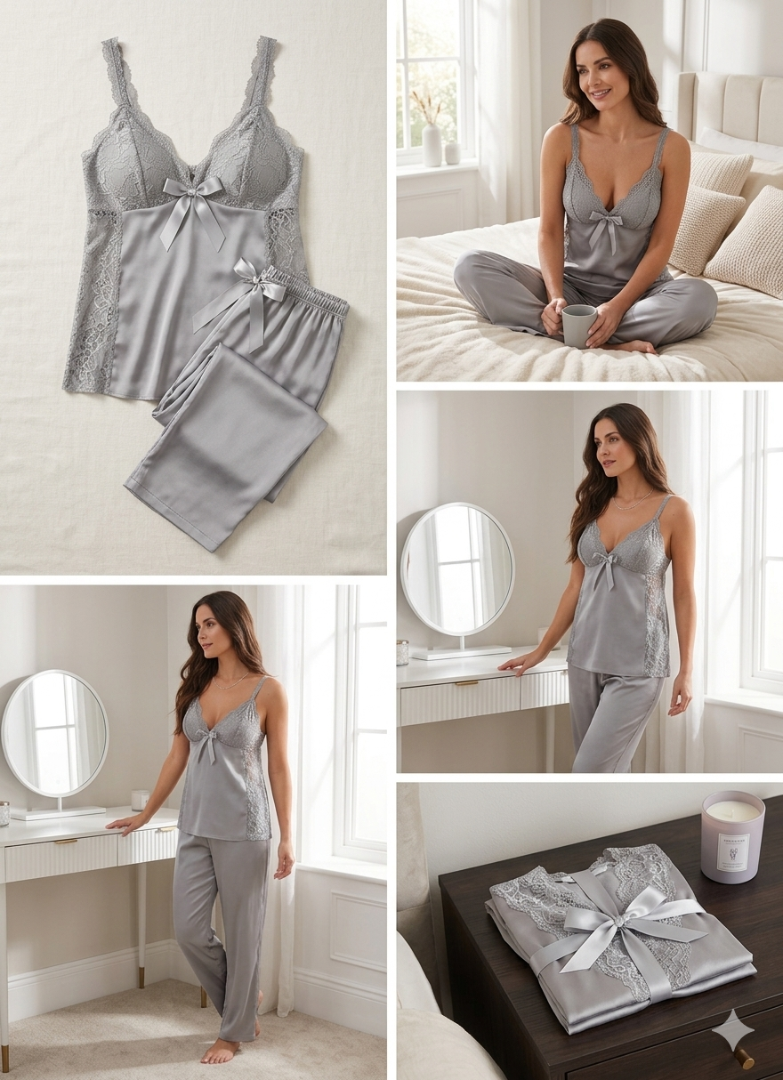 Ensemble Pyjama Satiné "Luxe de Nuit" Gris Perle – Caraco en Dentelle et Pantalon Fluide