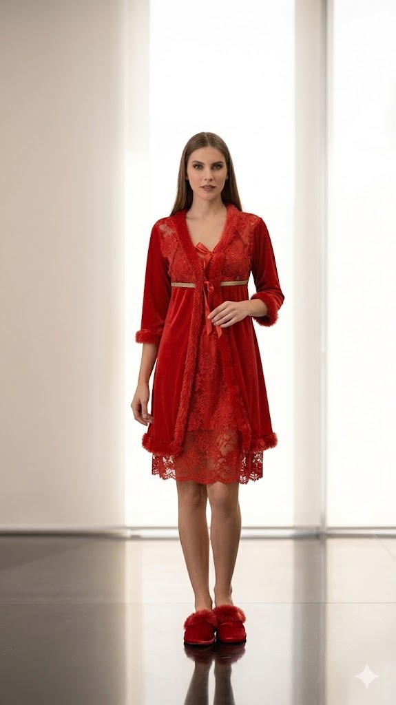 Ensemble de Nuit Royal 2 Pièces – Nuisette en Dentelle Florale et Peignoir en Velours Rouge Passion