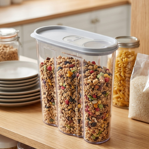 Distributeur de céréales et aliments secs en plastique, pratique pour cuisine et réfrigérateur