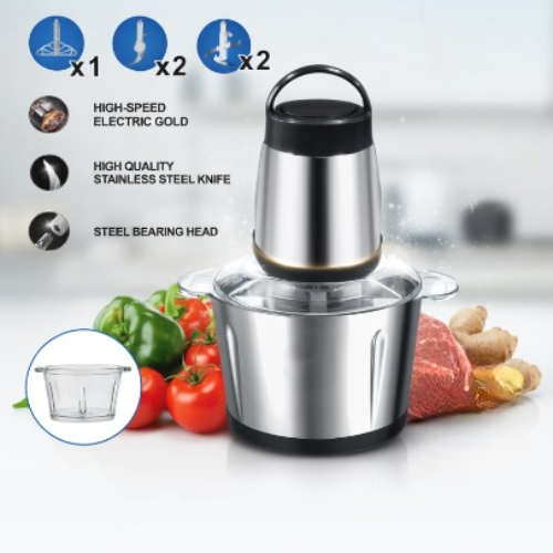 Hachoir électrique avec bol inox et 4 lames, pratique pour viande, légumes et oignons