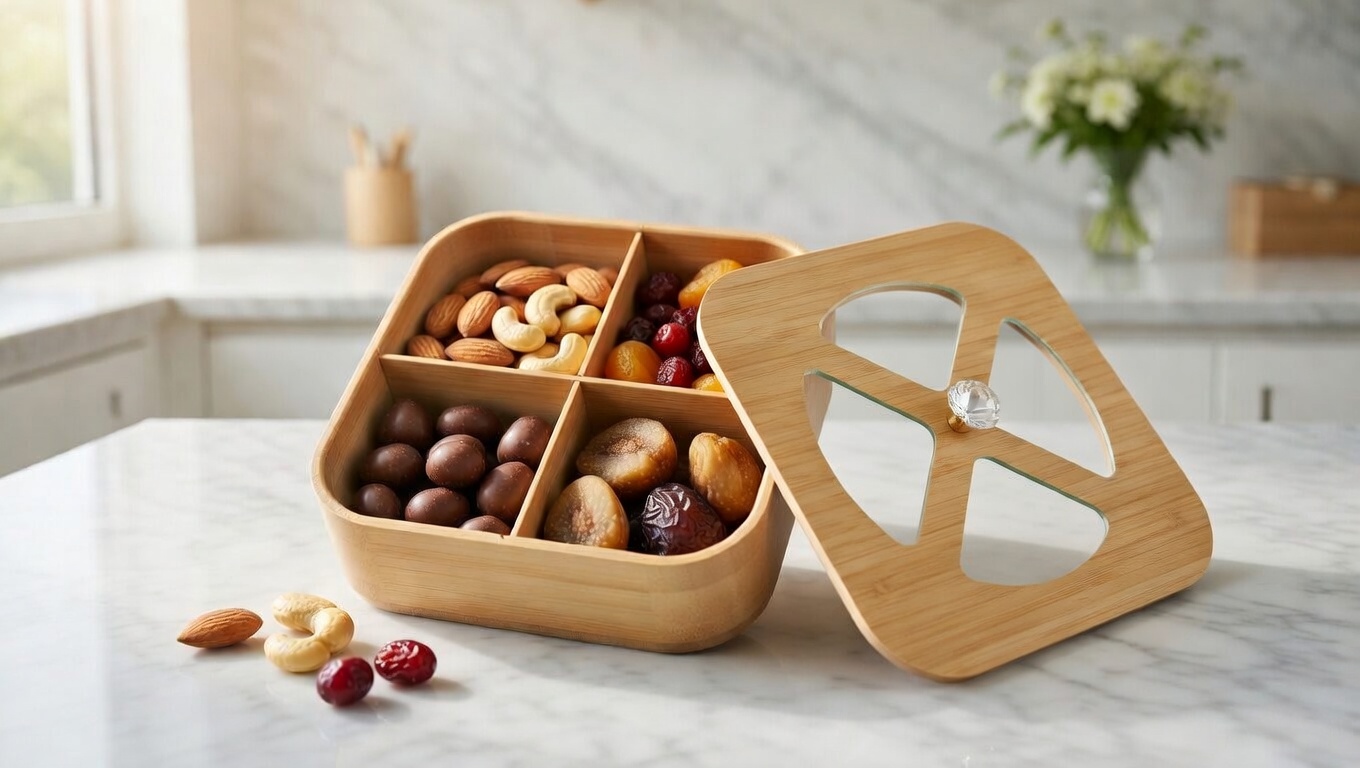 Plateau compartimenté en bambou avec couvercle transparent pour présentation de snacks