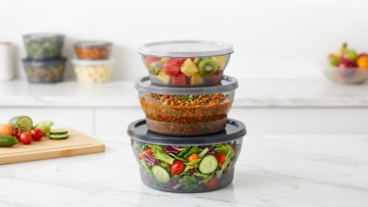Lot de 3 boîtes alimentaires rondes en plastique avec couvercles pratiques