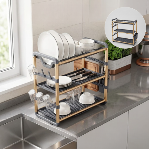 Égouttoir à vaisselle 3 niveaux avec porte-ustensiles et support gobelets, grande capacité aluminium