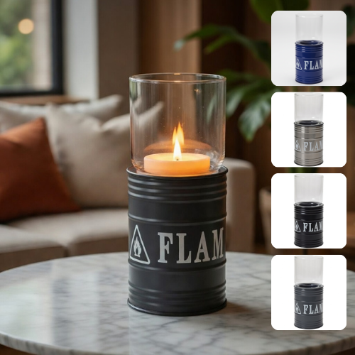 Bougeoir chauffe-plat en métal design baril avec protection en verre coupe-vent ( colleur aléatoire)