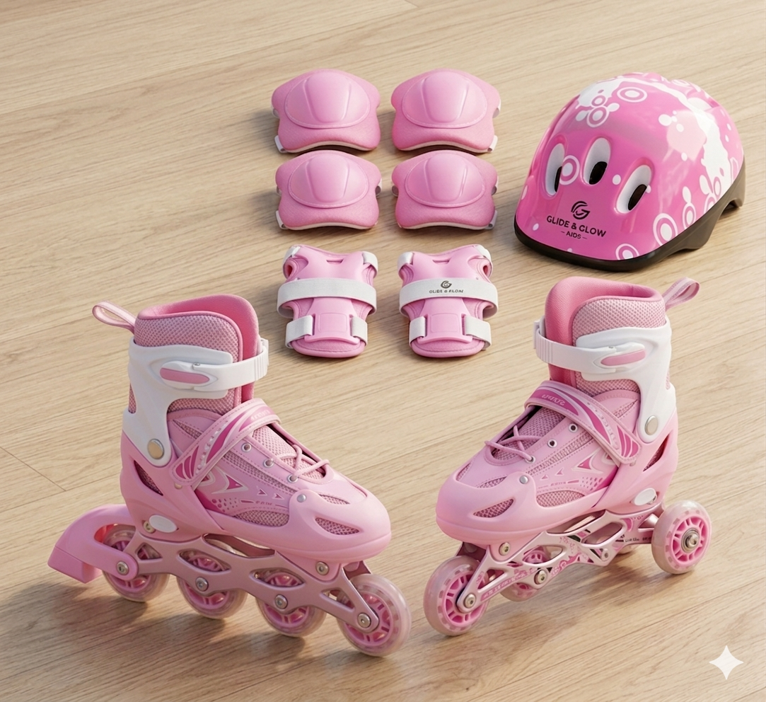 Pack Roller Enfant Complet "Glide & Glow" – Patins, Casque et Protections (Rose) taille (35-37)