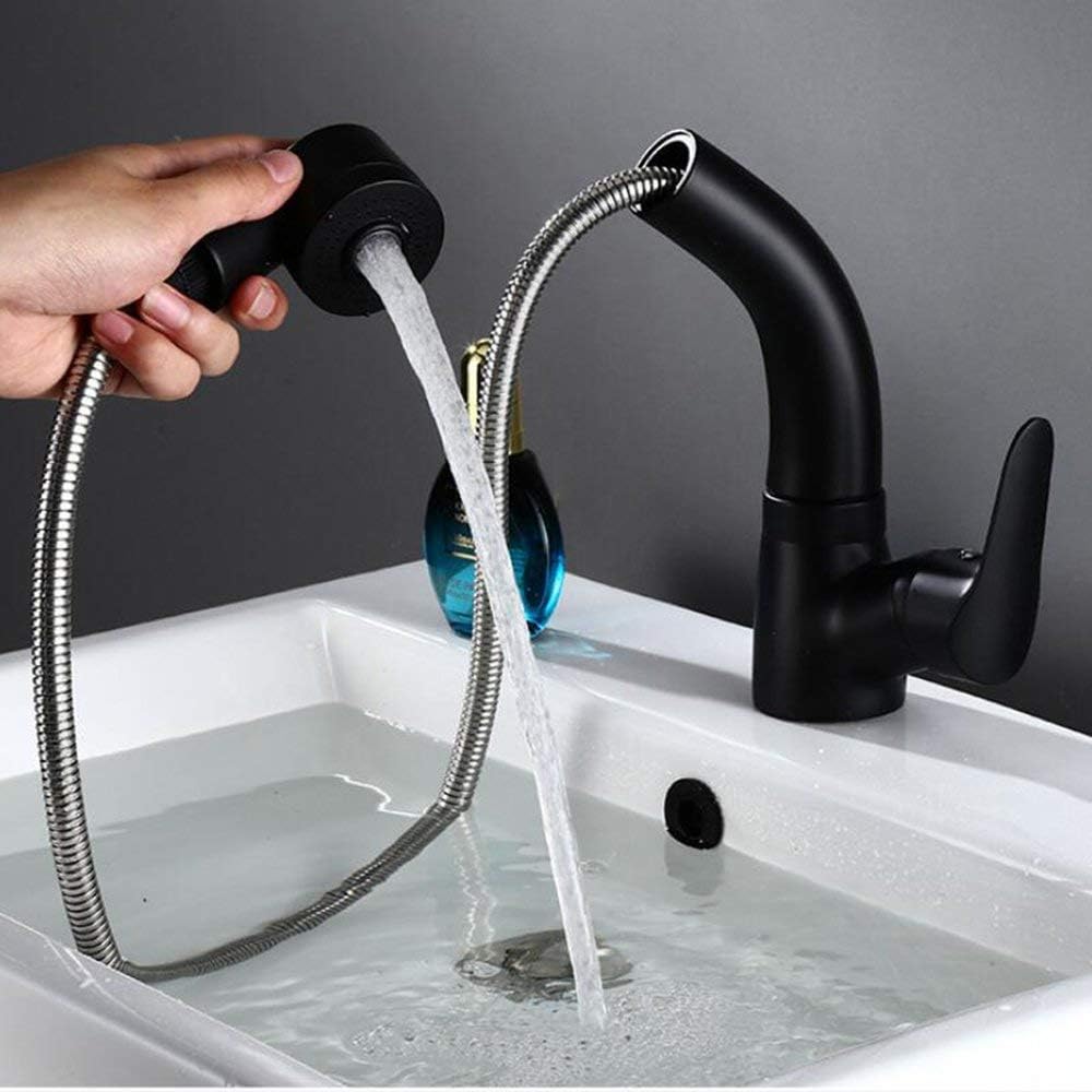 Robinet mitigeur noir à tirette extractible pour shampoing, robinet de lavabo rotatif pour eau chaude et froide