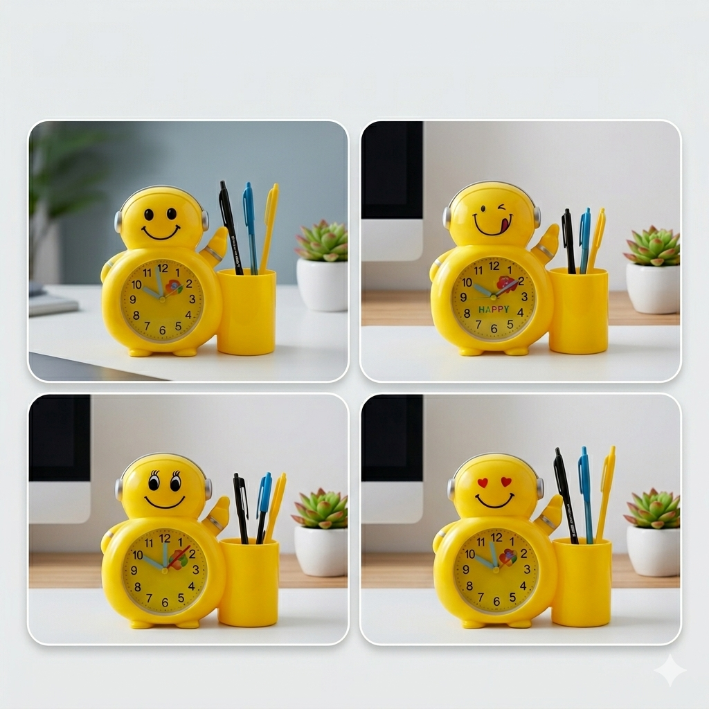 Réveil ludique avec visages souriants et support pour stylos, organiseur pratique pour bureau enfant, maison et école (désigne aléatoire)