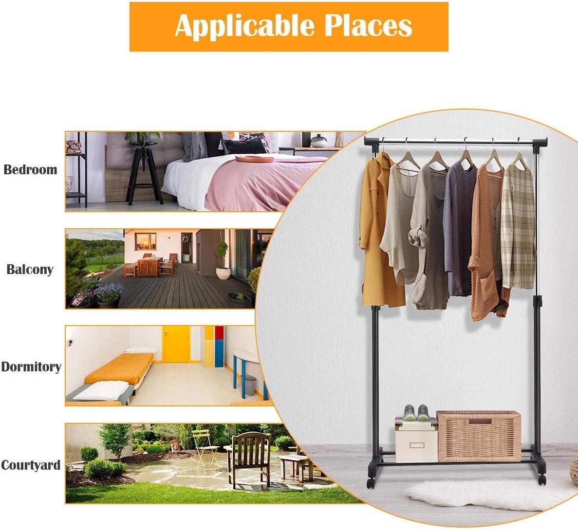 Porte manteau Étendoir à linge avec pieds pliables et mobiles ; support télescopique à un seul poteau