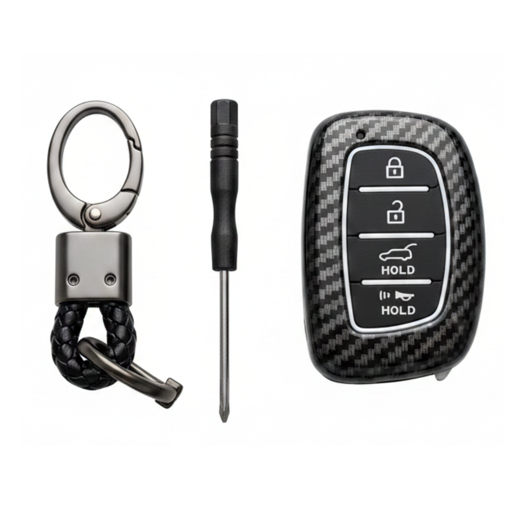 Coque de clé intelligente style fibre de carbone avec porte-clés pour Hyundai