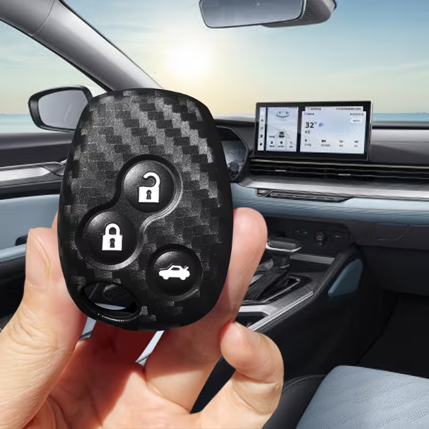 Coque porte-clés en silicone et fibre de carbone pour télécommande voiture 3 boutons