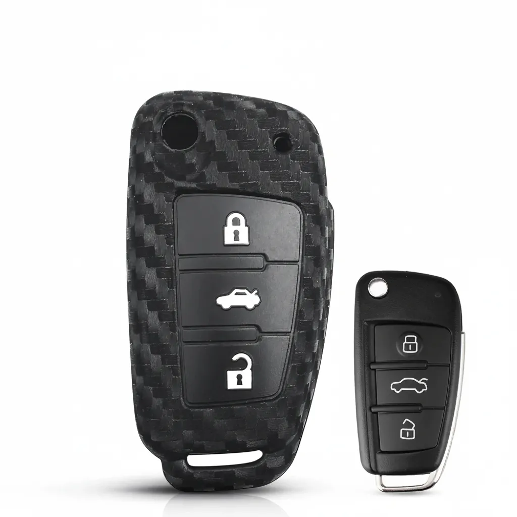 Coque clé Audi Sline 3 boutons en silicone effet fibre de carbone