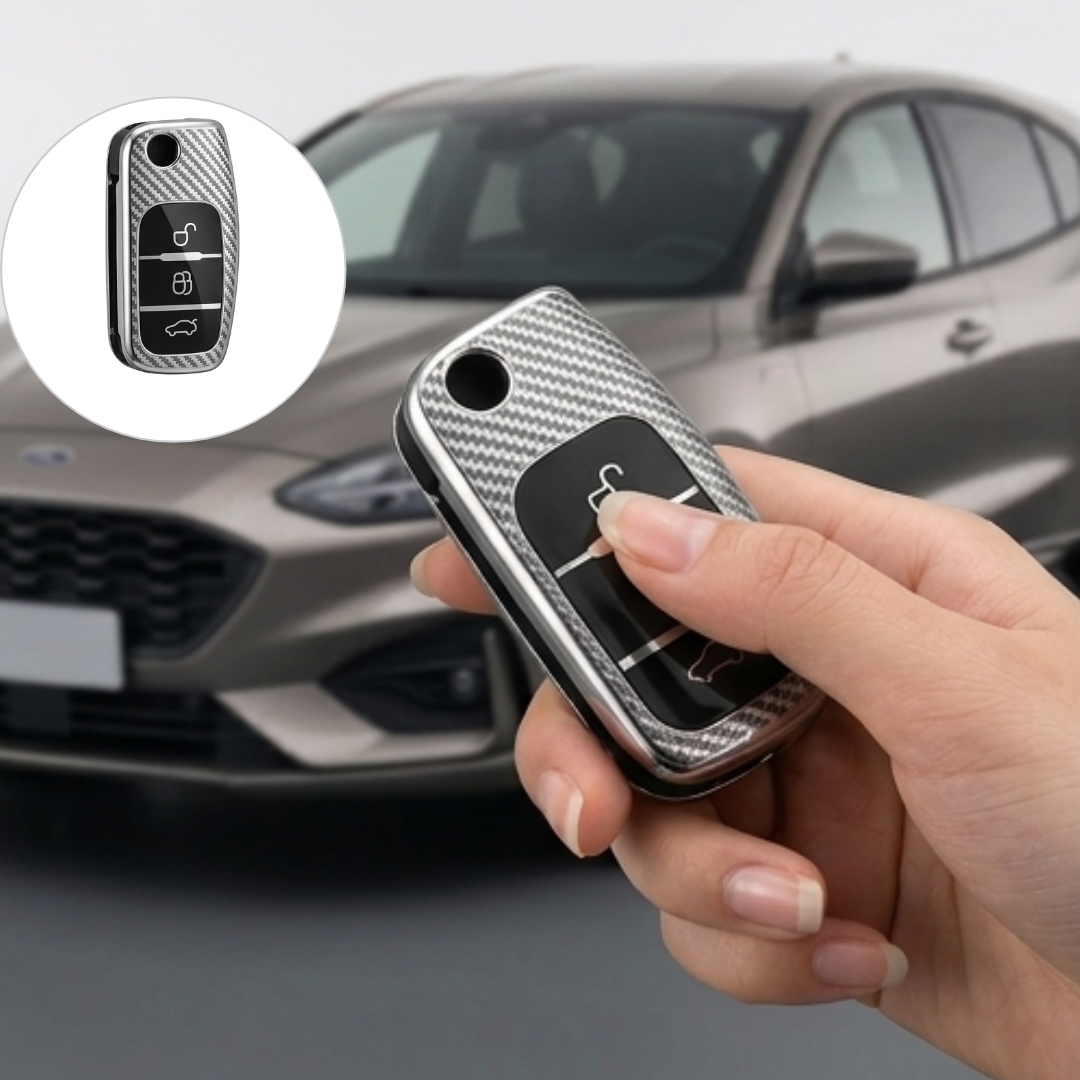 Housse de clé de voiture Ford en fibre de carbone avec 3 boutons